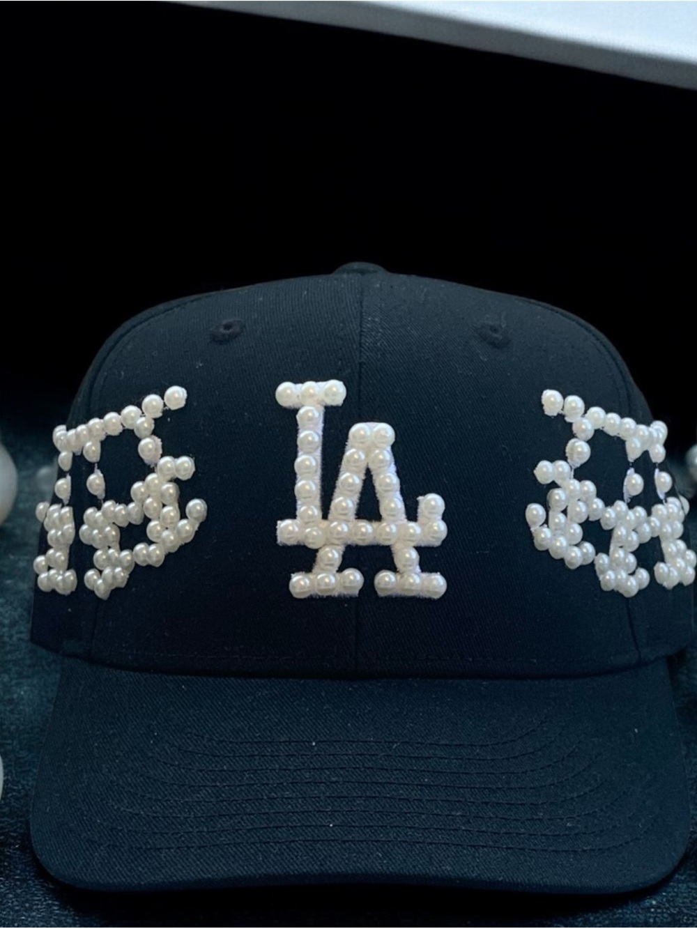 Pearl-Embellished Black 'LA' Chanel Baseball Cap